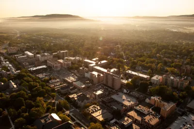 Aerial view of State College, Pennsylvania at golden hour.