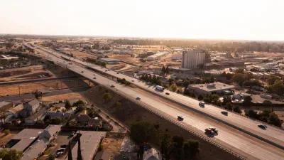 Aerial view of freeway and Fresno, California.