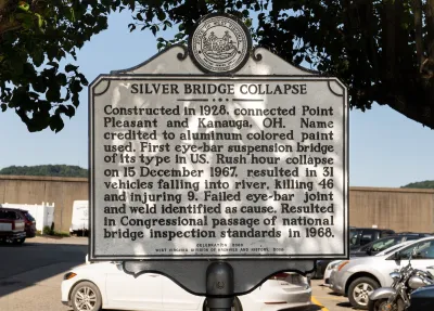 Historical plaque describing the Silver Bridge collapse in Point Pleasant, West Virginia.