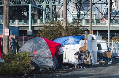 Tents put up by unhoused people outside of Seattle's baseball stadium