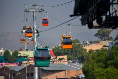 Multicolored modern aerial gondolas in Mexico City.