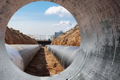 View from inside large wastewater pipe laid ina trench looking out at construction site