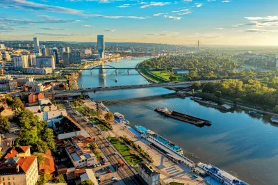 Aerial view of the Danube River in Belgrade, Serbia.