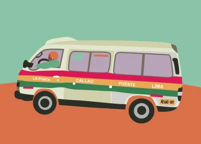 Digital drawing of orange Combi microbus popular in Lima, Peru.