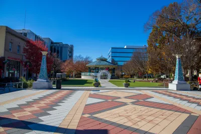 Empty Decatur Square plaza with fall trees in Decatur, Georgia