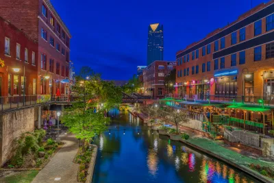 Bricktown Canal in Oklahoma City at night.