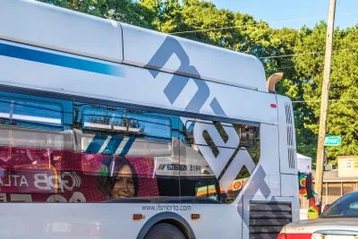 Close-up of front og MARTA public transit bus in Atlanta, Georgia with logo wrap