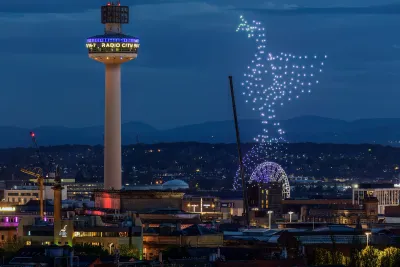 Drone show over Liverpool, England.