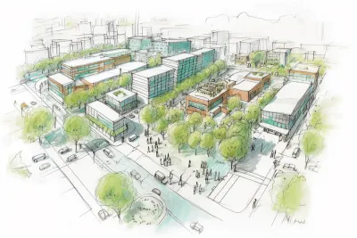 Sketch of proposed city with buildings, trees, and people.