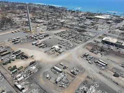 Aerial view of wildfire damage in Lahaina, Maui.