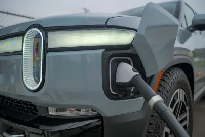 Close-up of front corner of grey Rivian truck with charger plugged in.