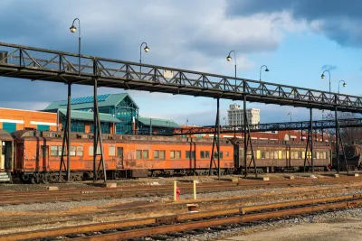 Steamtown National Historic Site at former Scranton, Pennsylvania rail yards with old steam trains.