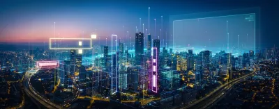 Visualization of data on dark city skyline.