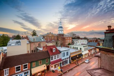 Aerial view of old buildings and government or church building with tall roof in Annapolis, Maryland.
