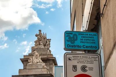 Sign for low emissions zone in downtown Madrid, Spain.