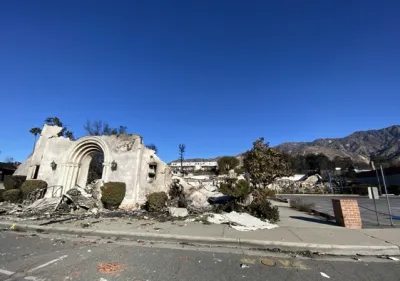 Destroyed Altadena Community Church facade after Eaton Fire in Altadena, California.