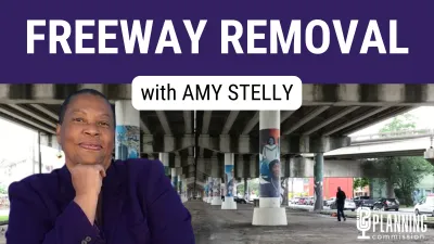 Graphic with photo of Amy Stelly superimposed on image of Claiborne Expressway elevated freeway in New Orleans, Louisiana
