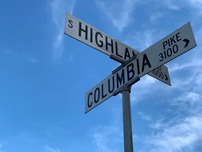 Street signs at the intersection of Columbia Pike and Highland in Arlington, Virginia.