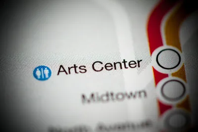 A map of the MARTA rail system highlighting the Arts Center Station.