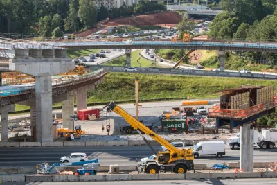 Wide shot of bridge overpasses under construction at the intersection of GA 400 and I-285 on July 22, 2019 in Atlanta, GA.