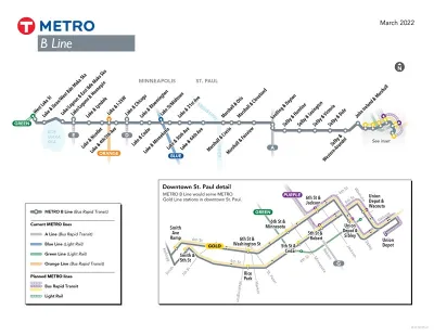 A system map of the B Line shows the route and stops where the bus rapid transit route cuts across Minneapolis and St. Paul, Minnesota.