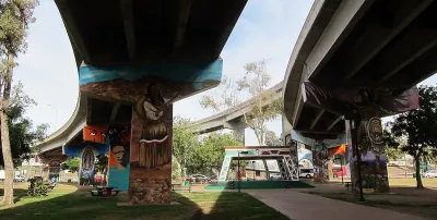 Colorful murals in freeway underpass in San Diego's Chicano Park.