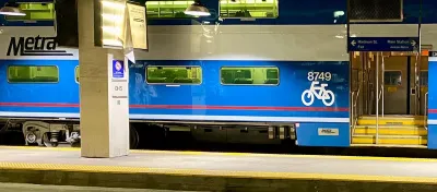 Blue Metra train bike car.