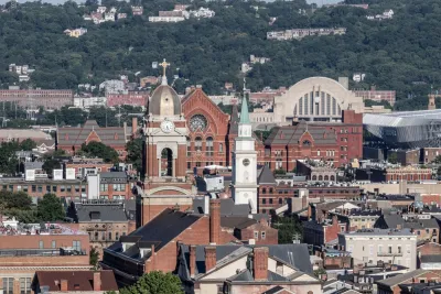 A view over the tops of the historic brick buildings of Cincinnati.