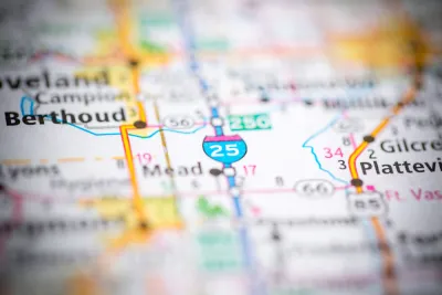 A map of Colorado freeways ad highways and towns, focusing on Interstate 25 in Northern Colorado.