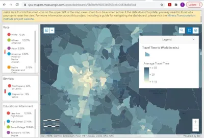 A map showing a heat map that represents commute times in an urban area.