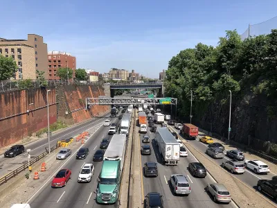 View from overpass of traffic on Cross Bronx Expressway in New York City.