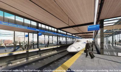 Rendering of Texas Central high-speed rail train stopped at covered platform in Dallas, Texas