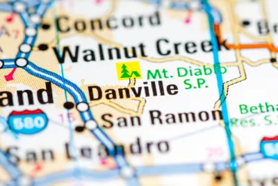 A map highlighting Danville, California, a city located along Interstate 680 in the East Bay Area.