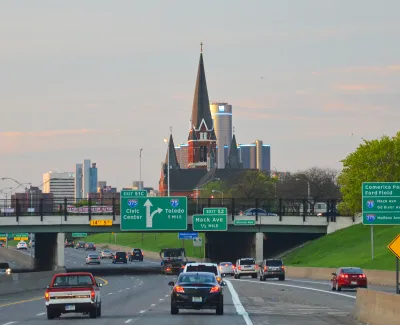 Interstate 375 in Detroit with church in background