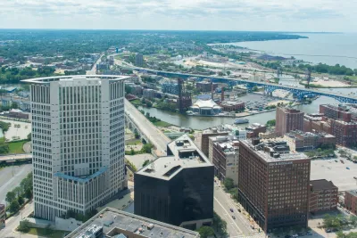 A view of Downtown Cleveland and the Cuyahoga River as pictured from a downtown high-rise building.
