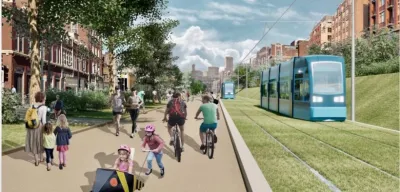 A rendering of the Beltline Streetcar running on a grassy field (with rail tracks) next to a walking and biking path.