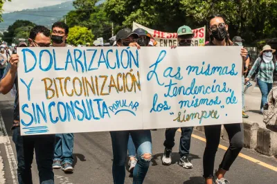 San Salvador, El Salvador - September 15th, 2021: Protesters walk in the streets of the city against the bitcoin policies of current president Nayib Bukele.