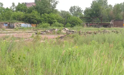 Vacant grassy lot with some cemet debris in Detroit, Michigan