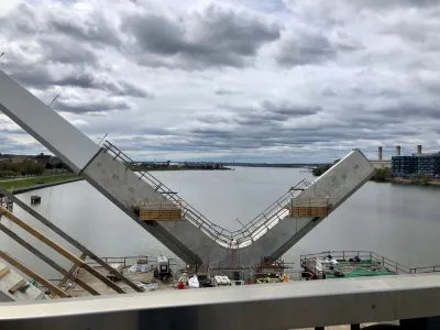 A piece of the Frederick Douglass Memorial Bridge while under construction.