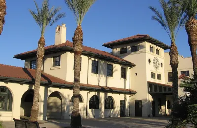 Historic red tile roofed train depot in Fresno, California.