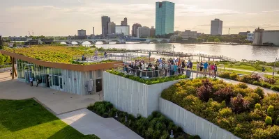 View of pavilion rooftop on Toledo riverfront.