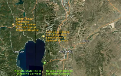 Satellite map of Lake Tahoe area indicating upcoming bikeway projects