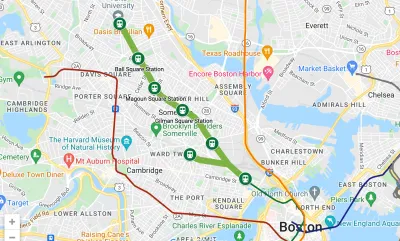 A map showing the route of a light rail transit line from Boston up through Somerville and Medford.