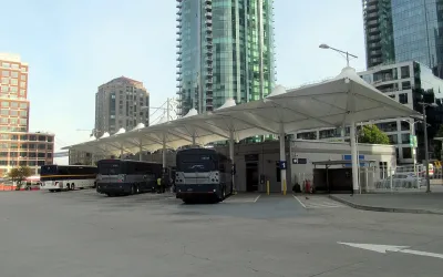 Greyhound and Amtrak buses at a temporary bus terminal in San Francisco, California.