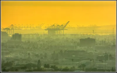 Looking out over Port of LA. A low fog rolling in over the whole area.