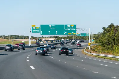 Herndon, USA - October 7, 2020: Sully road 28 multiple lane highway in Northern Virginia with traffic cars and exit sign for Washington Dulles airport, Sterling and Leesburg