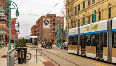 public transit streetcar at Milwaukee Public Market, Third Ward Station in Downtown Milwaukee.