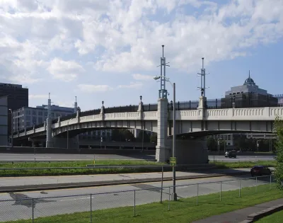 The Hudson River Way, a pedestrian bridge that links Broadway in downtown Albany, New York with the Corning Preserve on the bank of the Hudson River.