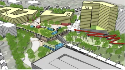 A conceptual rendering of new buildings around the Huntington Metro station in Virginia.