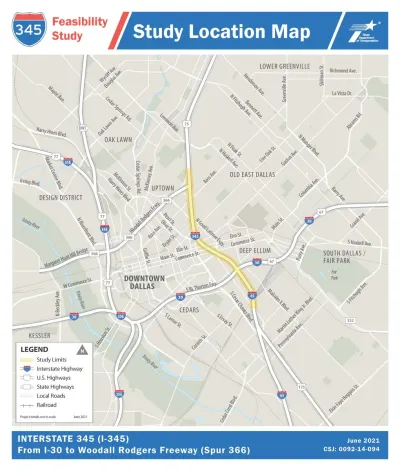 A map of the Keep It Moving Dallas feasibility study area along the I-345 Freeway in Dallas.